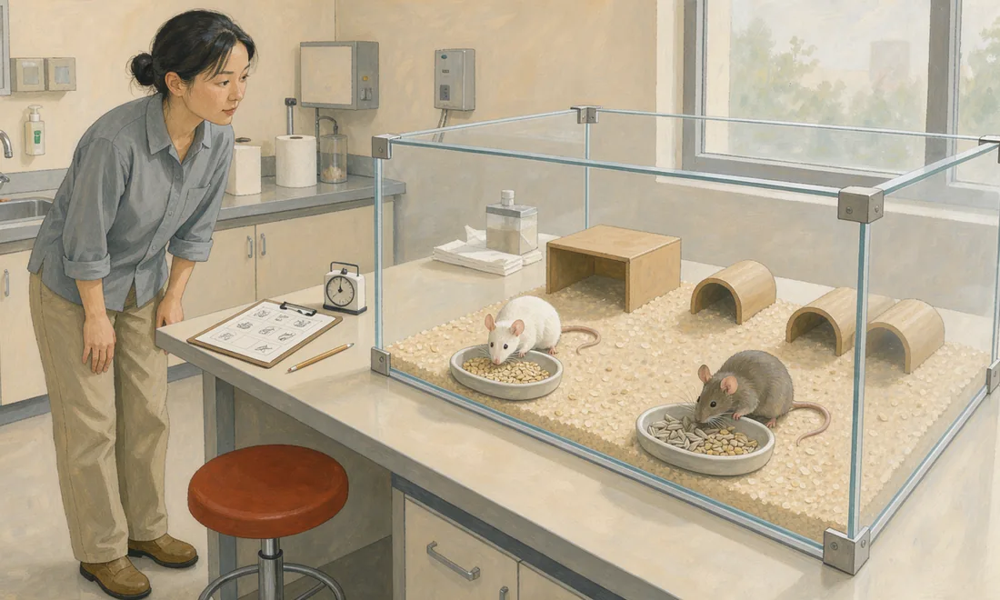 An illustrated technician observes mice near two food dishes in a spacious laboratory enclosure.