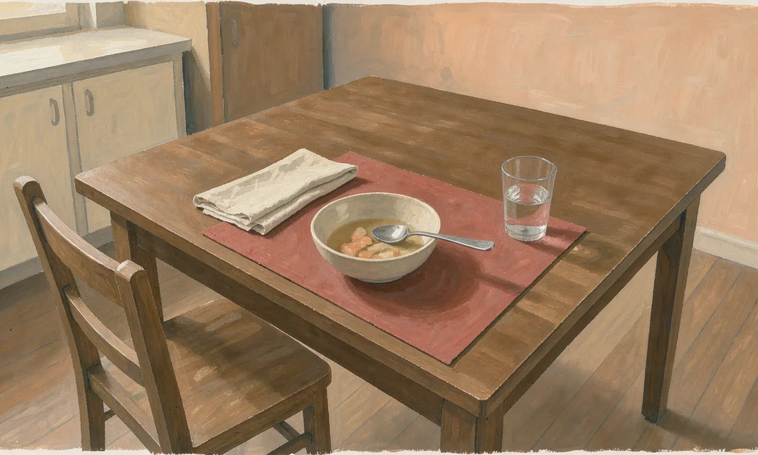 A painted half-finished meal, folded napkin and drinking glass sit beside a pulled-back kitchen chair.