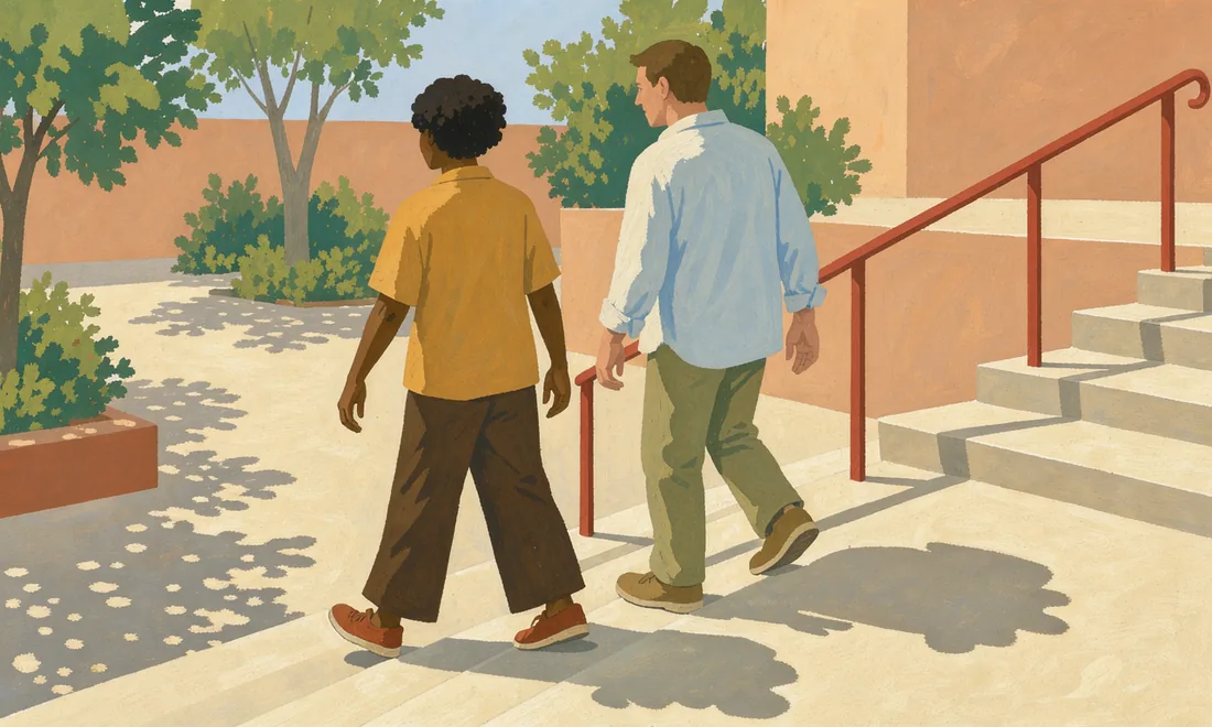 Two adults walk together up broad outdoor steps beside a pale terracotta wall and leafy courtyard.