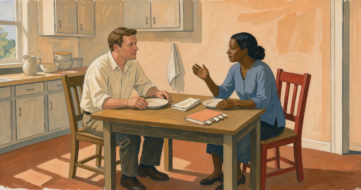 Two illustrated adults talk across a kitchen supper table beside a closed notebook with projecting tabs.